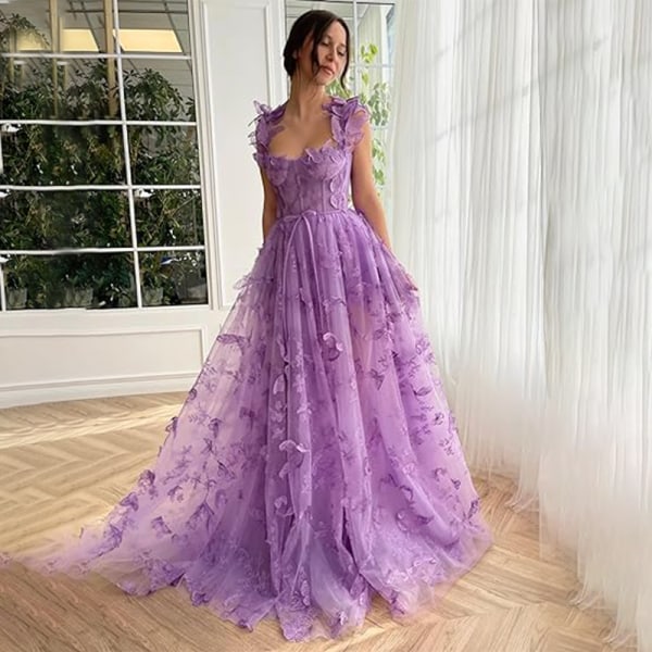 3D Fjärils Tulle Bal-klänningar för Kvinnor, Spetsapplikation Prinsessbalklänning PURPLE 24W