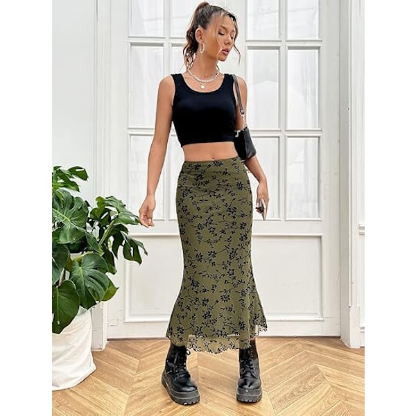 Lettuce Trim Høy Midje Mesh Fishtail Bodycon Langt Skjørt for Kvinner green M
