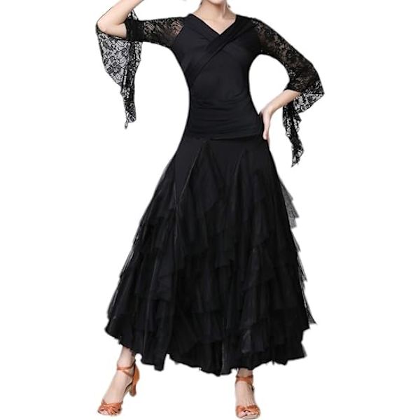 Ballroom Latin Dansfestklänning Lång Svingande Lagrad Kjol för Kvinnor Black