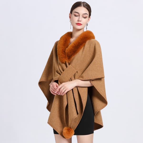 Faux Fur Trim Cardigan Kappe Sjal til Efterår Vinter Camel