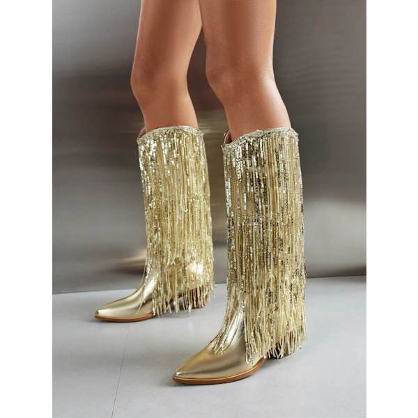Säteilevät Metallinhohtoiset Cowboy-saappaat Naisille Gold 34