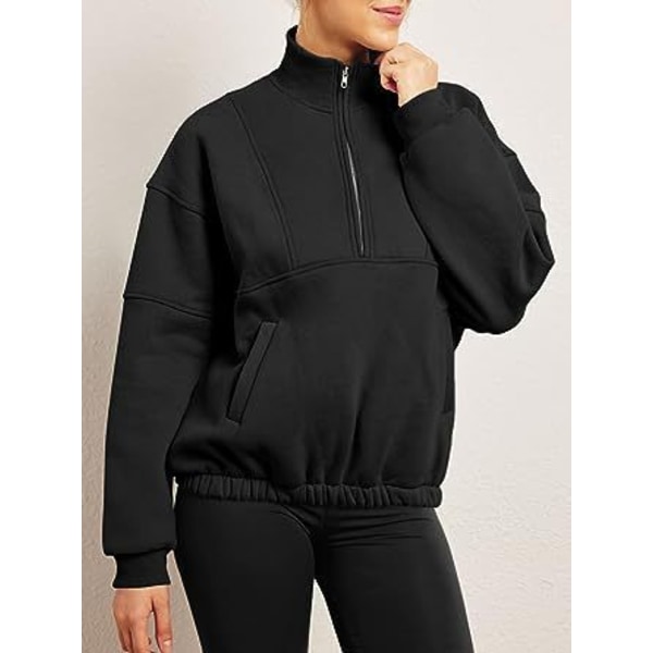 Dame Langærmet Lapel Halv Zip Up Sweatshirt Black M