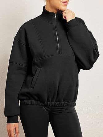 Dame Langærmet Lapel Halv Zip Up Sweatshirt Black S