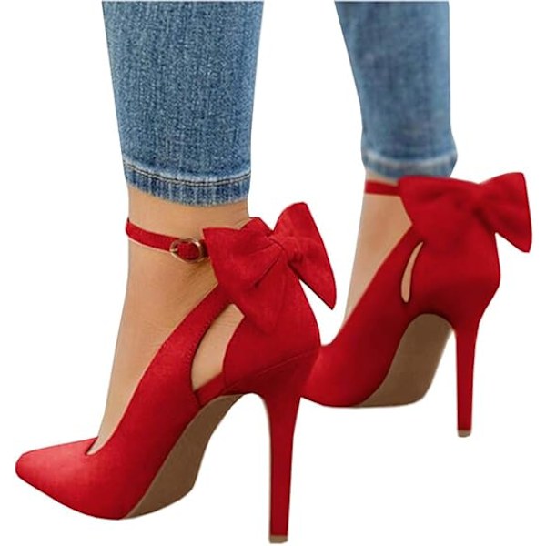 Kvinnliga Högklackade Skor med Rosett på Baksidan, Sexiga Stiletto, Ankelrem, Bröllopsskor Red 41