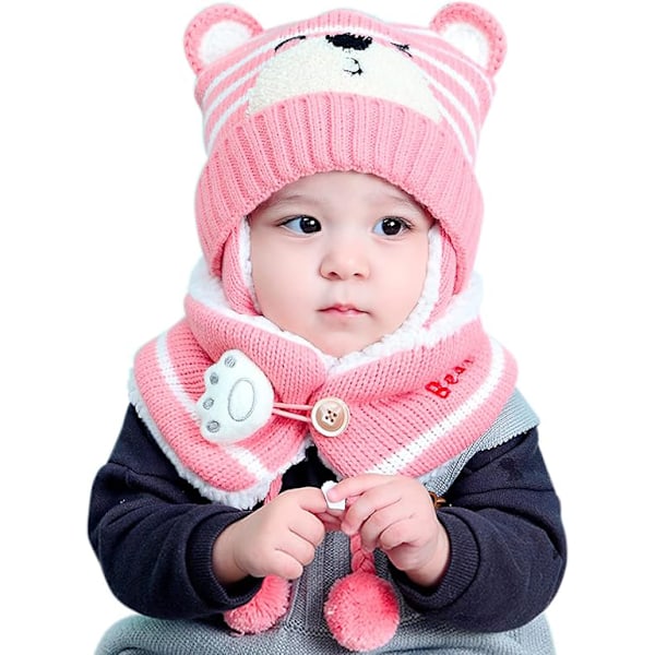 Baby Beanie Hatt & Halsduk, Nyfödd Småbarn Vinter Varm Stickad Mössa Pink