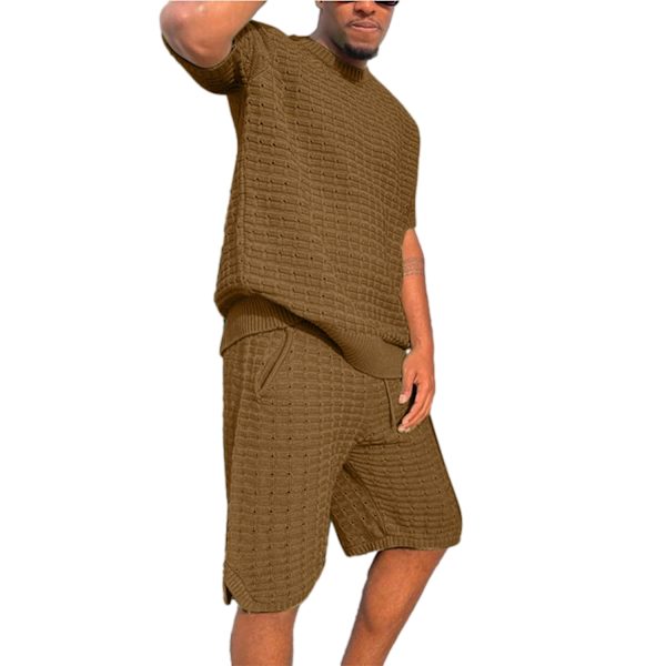 Miesten Ruudullinen Lyhythihainen Shortsit Rentoutumisurheiluasu Brown M