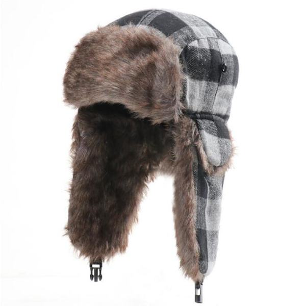 Rutig Aviator Fur Trapper Hat för kvinnor män black grey