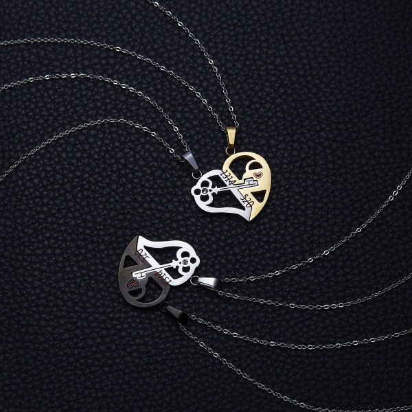 Rostfritt stål hjärtformade lås & nyckel stil två-i-ett älskare par halsband Rose Gold