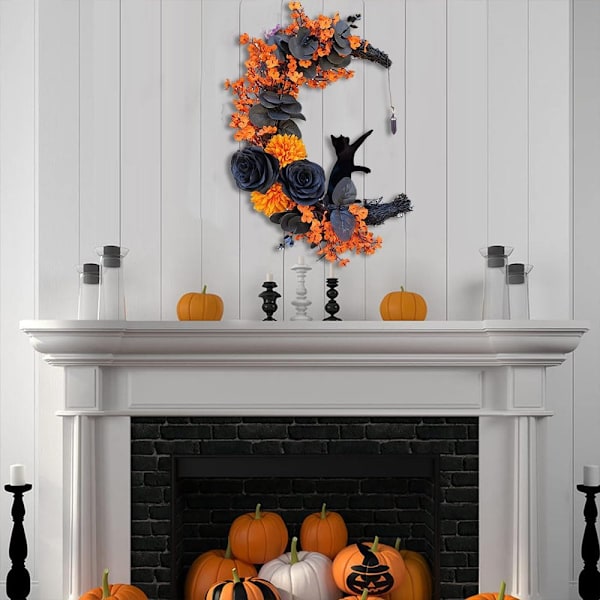 Halloween Halvmånekrans med Lys, Sort Måneblomst og Kattekrans Style 3