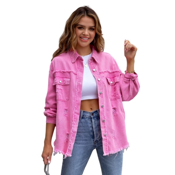 Dame Langærmet Denim Rippet Casual Lapeljakke Pink L