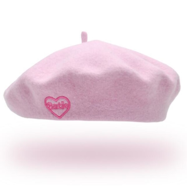 Supermyk Beret i Rosa Ull med Broderi White