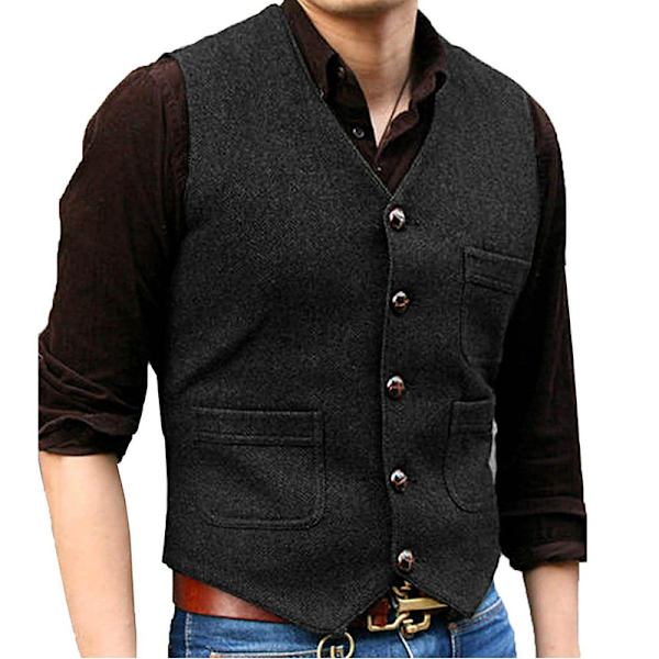 Herrar Vintage Tweed Väst V-ringad Casual Ull Väst Black 3XL