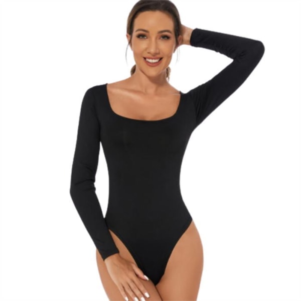 Slimmad långärmad jumpsuit för kvinnor med rund hals Black 2XL