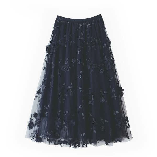 Dame 3D Mesh Blomst Broderet Tulle Midi Skørt Black