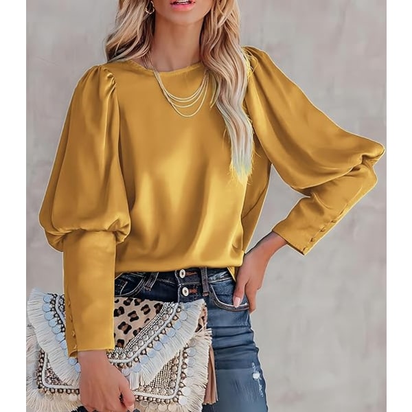 Satinblus för kvinnor med puffärmar, avslappnad och lös Yellow L