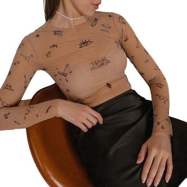 Kvinnors Långärmad Rundhalsad Tryckt Sexig Topp XL