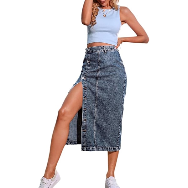Naisten korkeavyötäröinen pestu nappikiinnitys denim-pitkähame Dark Blue XS