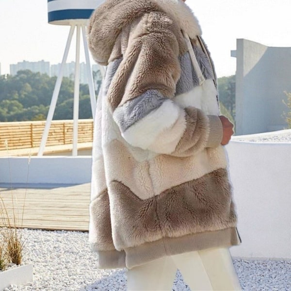 Damjacka med huva i fluffigt fleece, vinterjacka, cardigan, ytterkläder Khaki M
