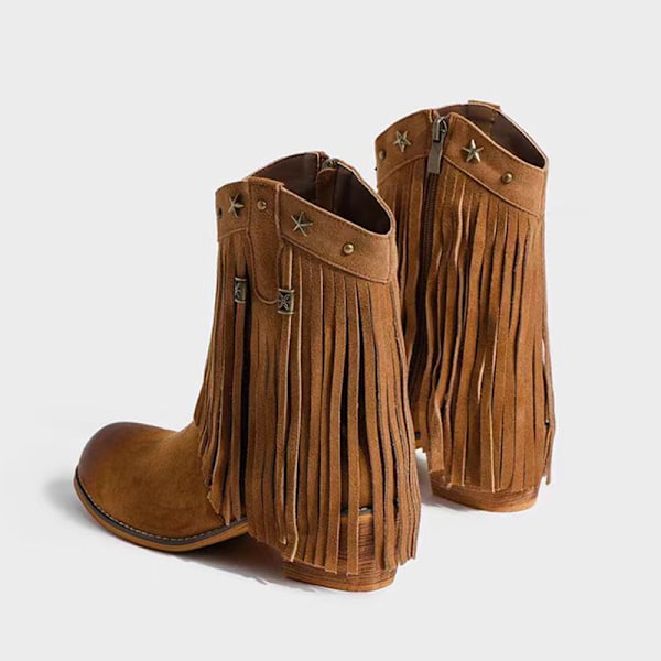 Dame Frynse Western Støvler Bred Læg Ridestøvler Cowgirl Cowboy Støvler Dark Brown 36
