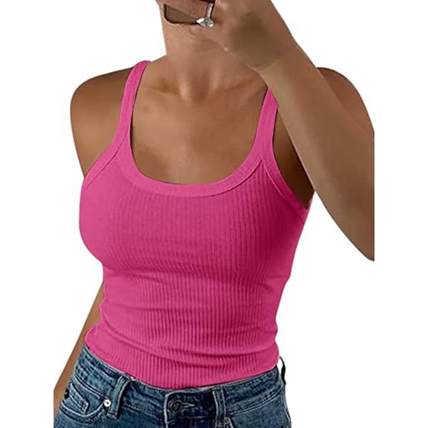 Naisten Scoop Neck Ribbed Tank Topit Treenihihaton Cami-paita Dark Pink XS