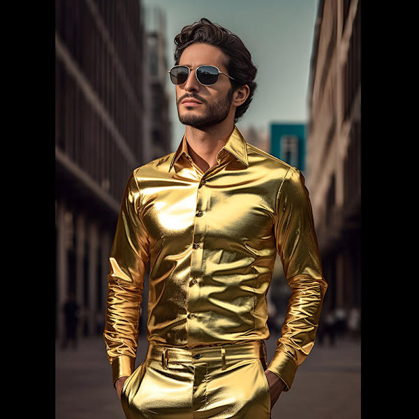 Menners luksuriøse, skinnende silkelignende satin skjorte med knapper Silver XL