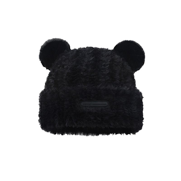 Søt Fuzzy Bjørnøre Beaniehatt for Kvinner Black