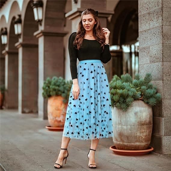 Dame Sort 3D Posy Dobbeltlags Mesh Midi Skørt Blue S