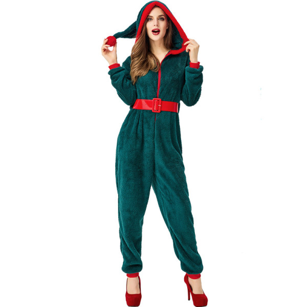 Kvinnor Jultomte Pyjamas Plysch Hooded Jumpsuit L