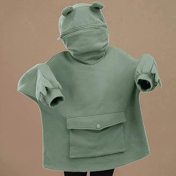 Dam Hoodie med Groda, Dragkedja vid Munnen, Huvtröja Green S