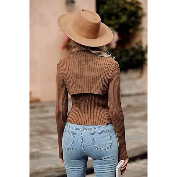Dam 2-delad Utskuret Topp Långärmad Mock Neck Ribbstickad Vintertröja Brown L