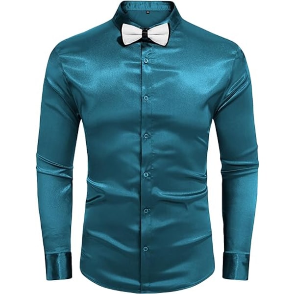Långärmade klänningskjortor i sidensatin för män Glänsande Casual Button Down-skjorta Green S