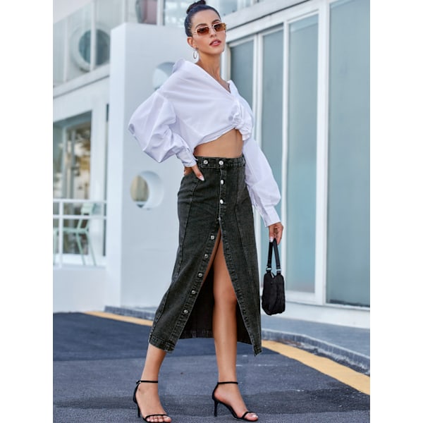 Dame Casual Slitt Denim Midi Jeansskjørt black XS