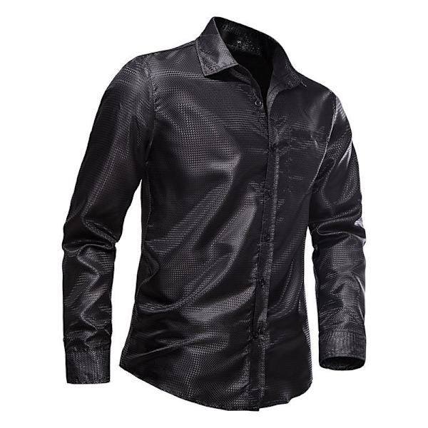 Menn's Glossy Lomme Langærmet Lapel Trykket Skjorte Black M