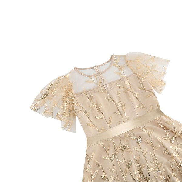 Kvinners 1950-talls Vintage Blomsterbrodert 3/4 Erme Mesh Midi Swing Dress Beige L
