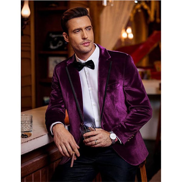 Mænds Fløjl Blazer med Hakket Rever og En Knap - Velour Smokingjakke Purple L