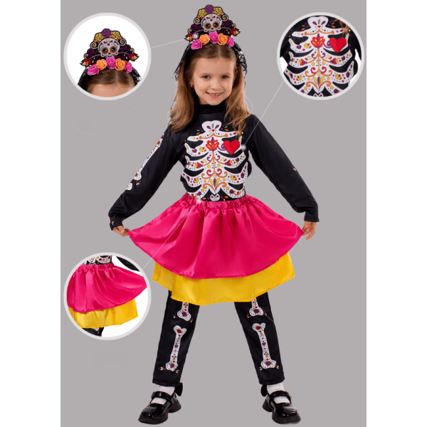 Pige Skelet Blomster Halloween Kostume Jumpsuit S