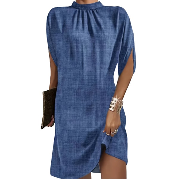Naisten lyhythihainen taskullinen swing-mekko, rento ja väljä Blue L