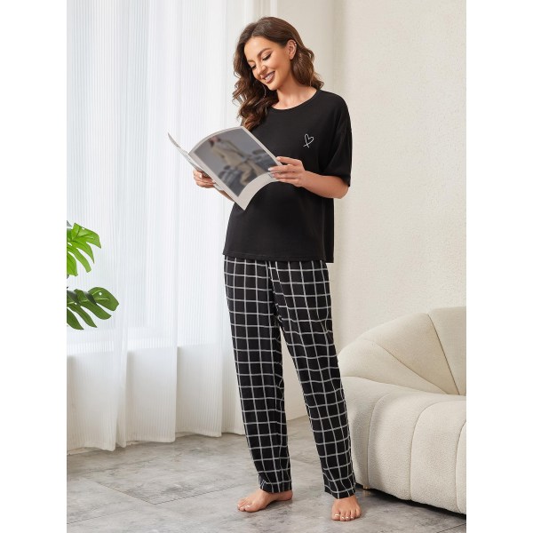 Dame Bomuld Linned Lounge Sæt Kortærmet Top Pyjamas Bred Loungewear Black L