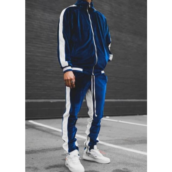 Mænds Gylden Fløjl Clash Farve Sports Casual Suit Dark Blue L