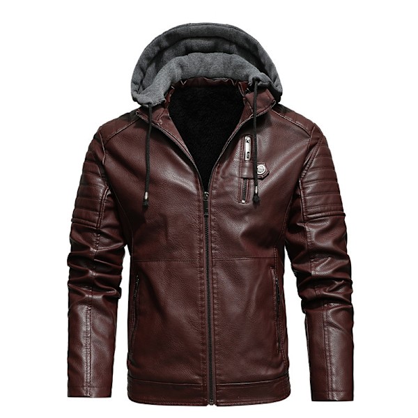 Miesten keinonahka takki pystykauluksella, moottoripyörä Bomber-takki hupun kanssa Red 4XL