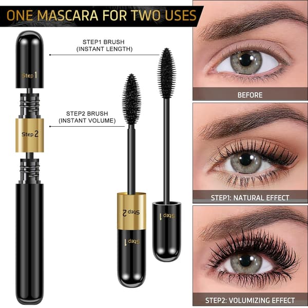 Mascara Sort Volumen og Længde, 2 i 1 4D Silk Fiber Mascara
