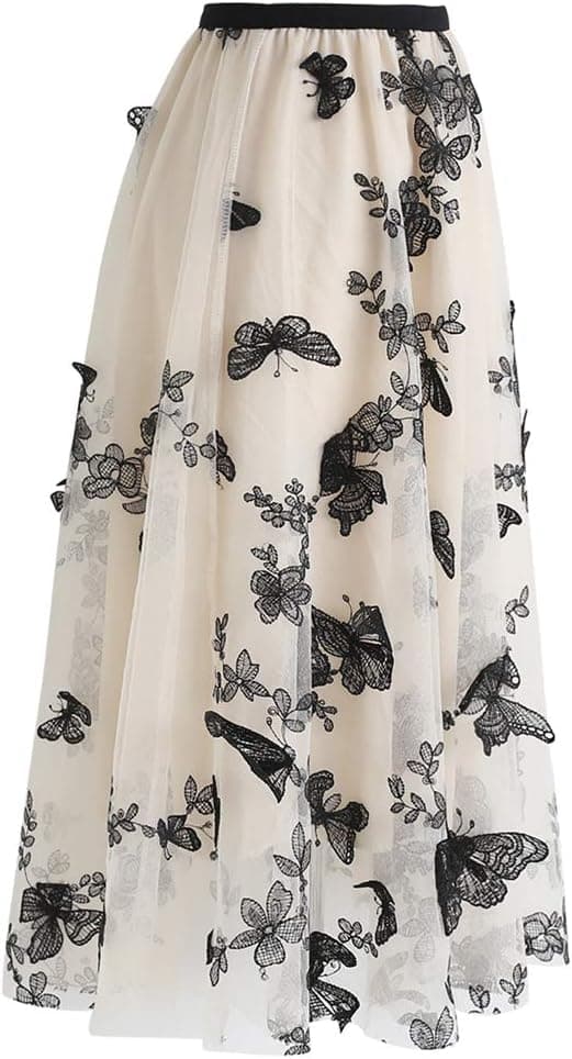 Dame Sort 3D Posy Dobbeltlags Mesh Midi Skørt Apricot M