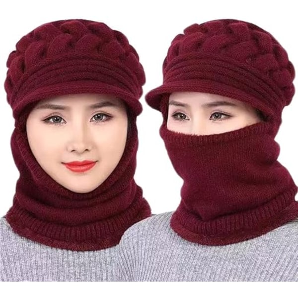 Fleeceforet Beanie Hat til Kvinder Vinterhat Halsklæde Maske Sæt Burgundy