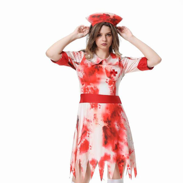 Zombie Sygeplejerske Kostume til Kvinder med Hovedbeklædning Halloween Kostume M