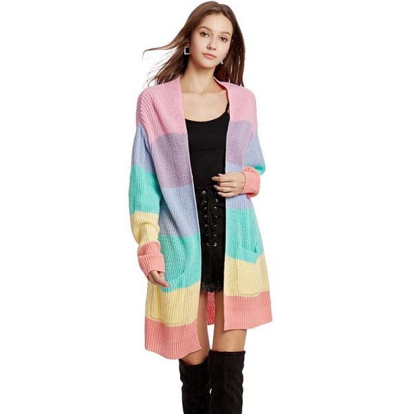 Dame Lang Pastel Strikket Regnbue Stribet Farveblok Cardigan Trøje S