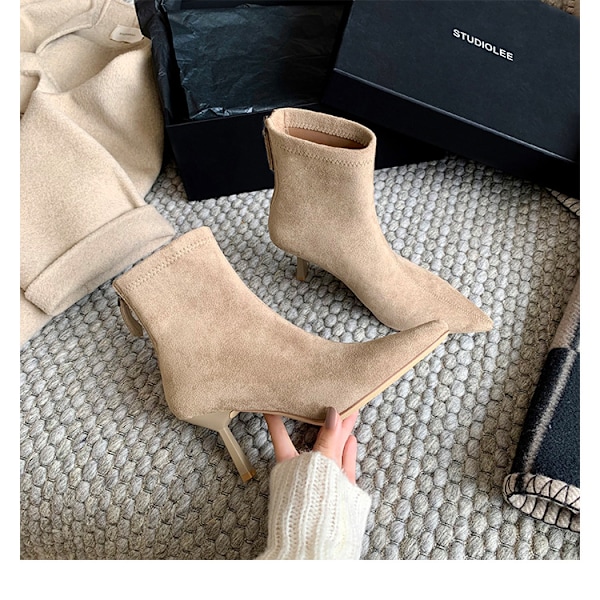 Dames Spidse Tå Ankelstøvler Sexy Høj Hæl Ruskind Hæl Støvler Beige 37