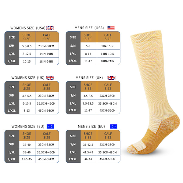 3 par kopparkompressionsstrumpor för löpning skin colour L/XL