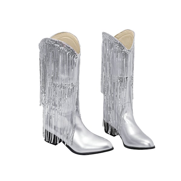 Naisten Fringe Metallic Cowboy-saappaat Silver 39