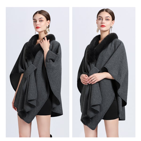 Faux Fur Trim Cardigan Kappe Sjal til Efterår Vinter Grey