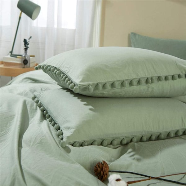 Bomullsöverdrag med Pompom- fransar, 3-delat Bohemiskt Mikrofiberset Green Twin-168*228cm